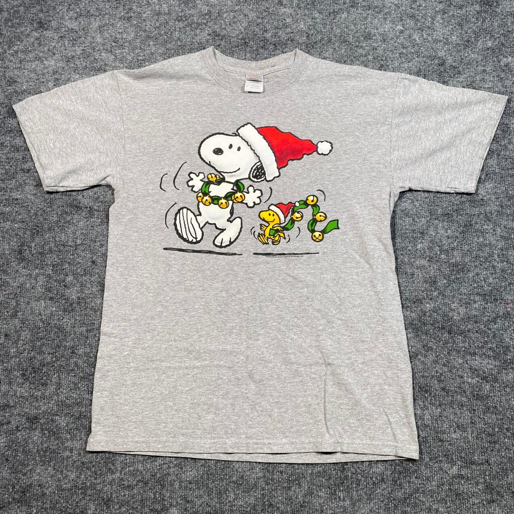 Peanuts Snoopy Woodstock Christmas Santa Hat Graphic T-Shirt Grey Mens M